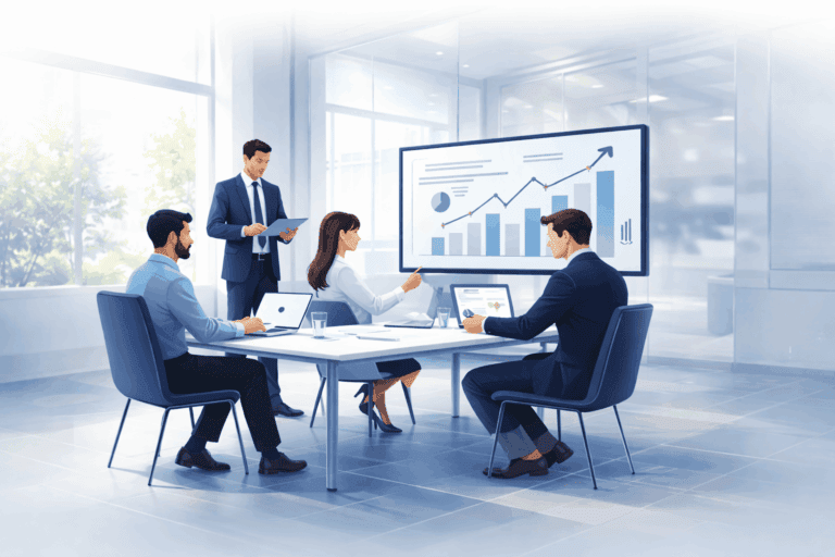 Team bei Geschäftsbesprechung mit Präsentation und Diagrammen.