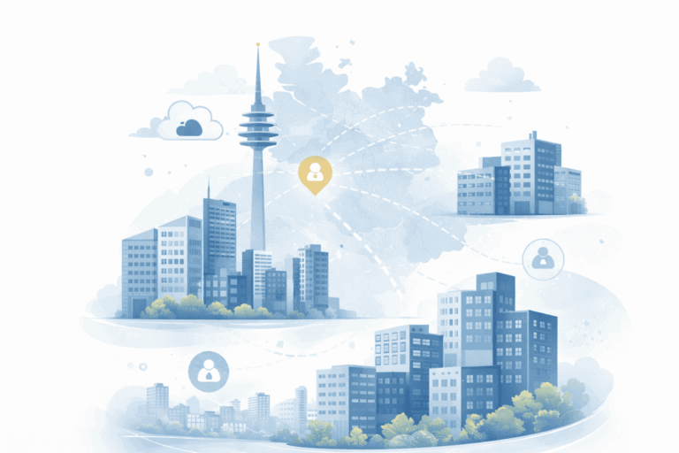 Illustration einer vernetzten Stadt mit IT-Infrastruktur und Sicherheitsnetzwerken.